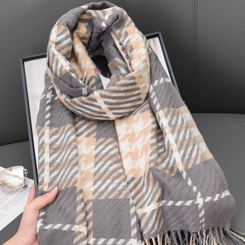 Women Houndstooth Plaid Fringe Scarf Korean Style Large Shawl Wrap Fashion Blanket Scarf For Couple Daily Outfit Gift