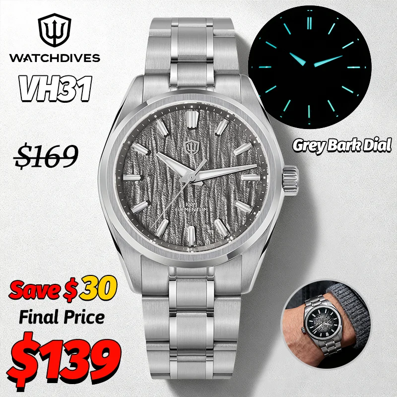 Watchdives WD0003C VH31 Watches Grey Bark Dial Quartz Watches Sapphire AR Coating Swiss Luminous 10Bar Waterproof Luxury Watch