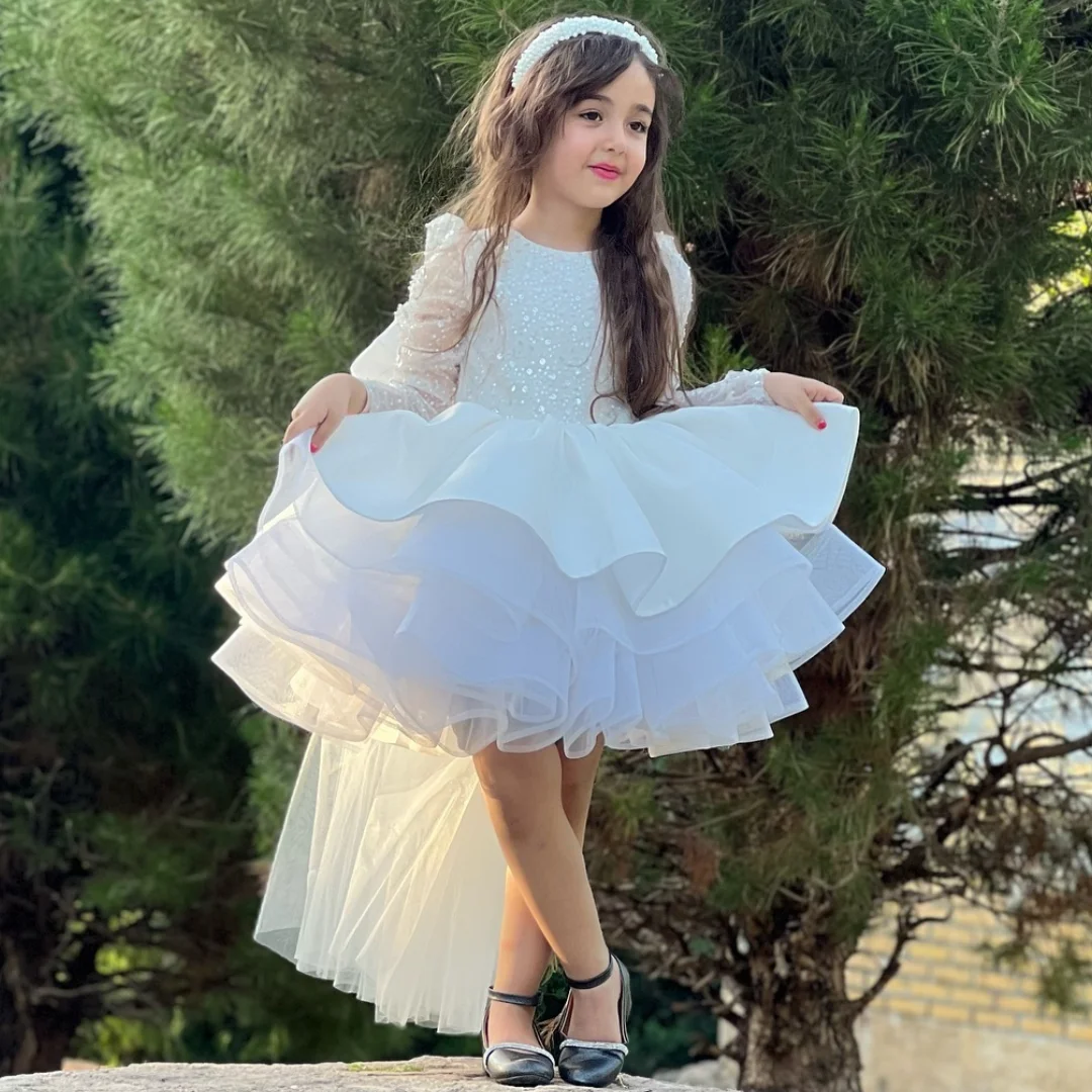 

Customized Flower Girl Dress White Tulle Puffy Sequin With Bow Long Sleeve For Wedding Birthday Party Holy Communion Prom Gown