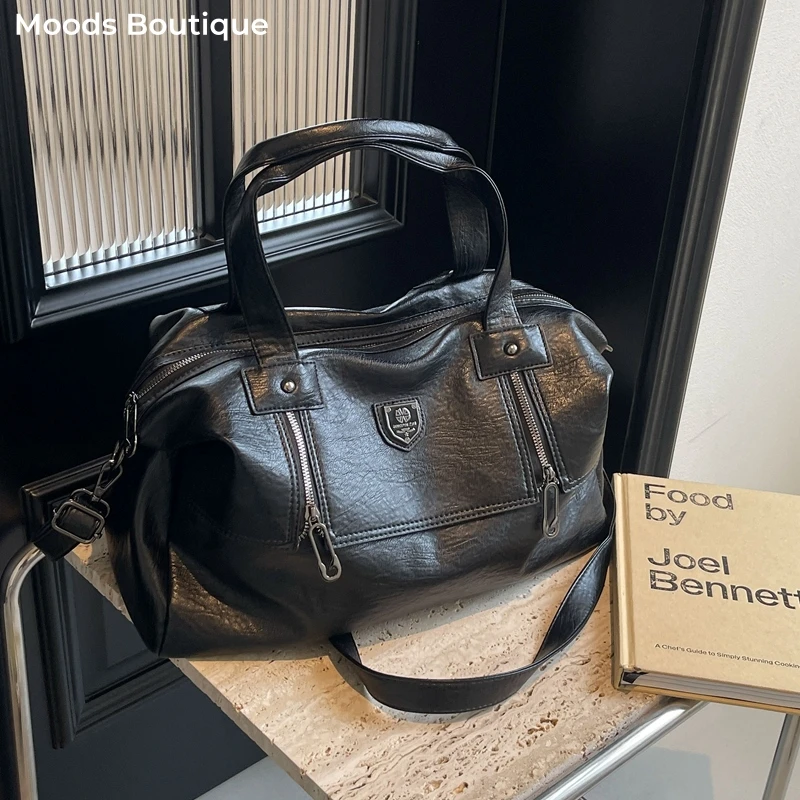 Retro Motorcycle Style Shoulder Crossbody Bags For Women Soft PU Leather Pure Color Large Capacity Shopper Tote Quality Handbags