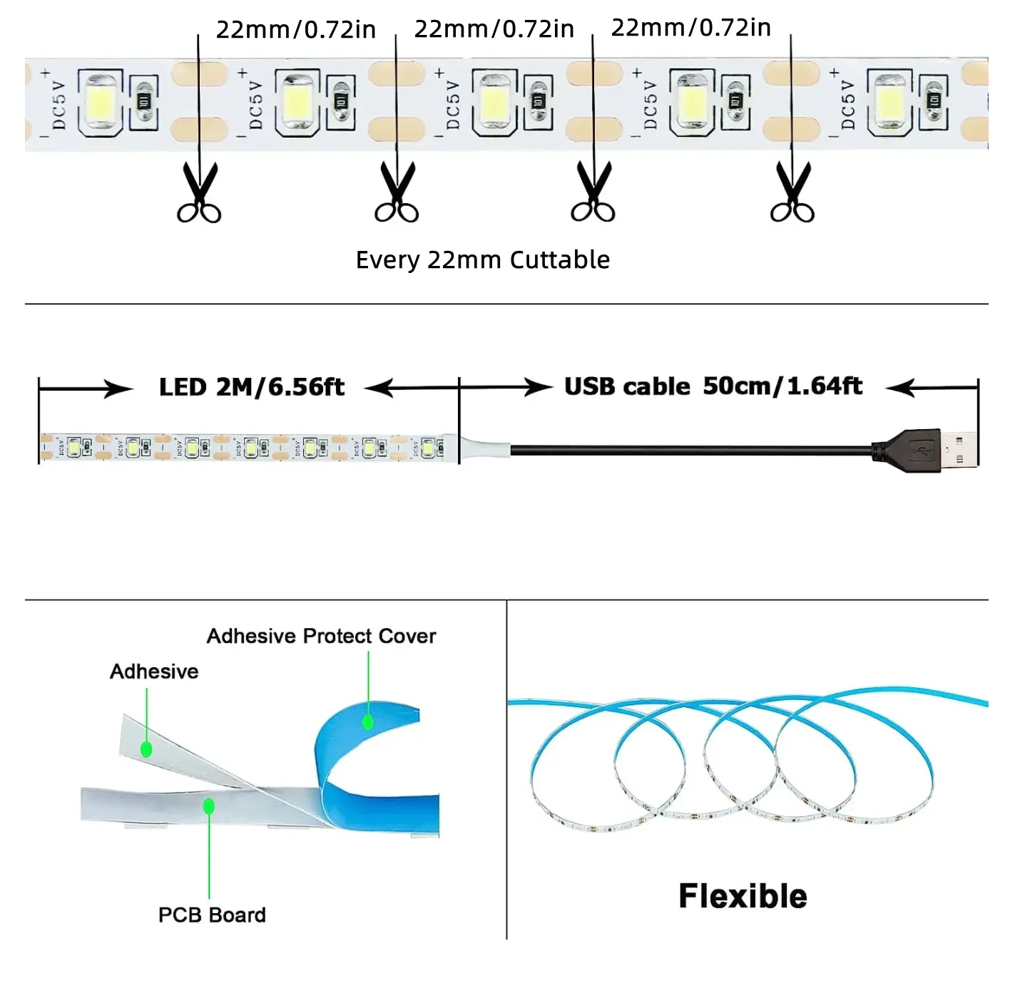 USB Led Strip 5V  1M 2M 3M 4M 5M not Waterproof TV background Light