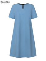 ZANZEA 2025 Summer Dress Women Elegant V Neck Short Sleeve Sundress Casual Party Knee-length Robe Solid A Line OL Work Vestidos