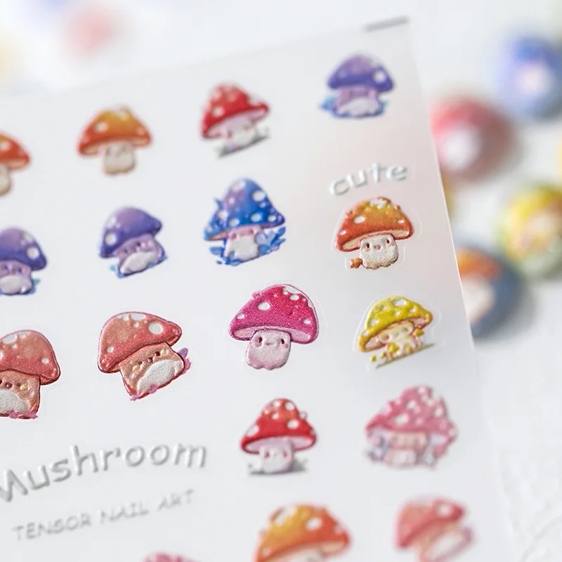 1pcs 5D Relief Nail Sticker Kawaii Mushroom Embossed Cartoon Self Adhesive Slider Press On Nails DIY Nail Art Decorations Decals