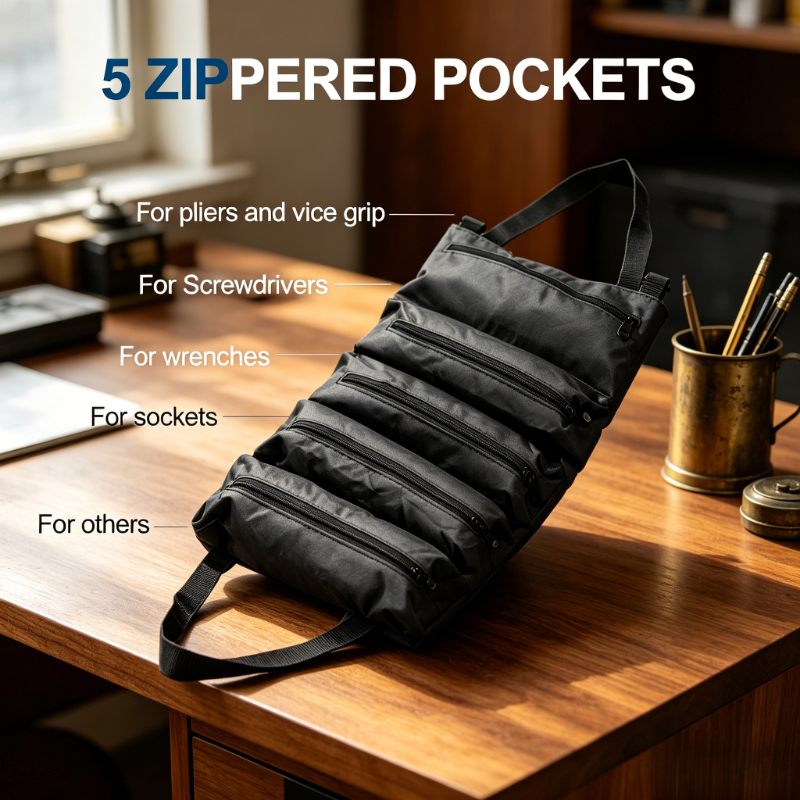  Oxford Cloth Roll-Up Tool Bag, 5 Zippered Pockets Design, Wear-resistant Storage Pouch for Electricians, Mechanics and Auto Repa 