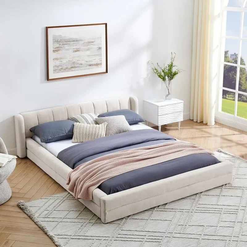 إطار سرير منجد بحجم كوين، سرير بمنصة سميكة من قماش الشنيل مع لوح رأسي، هيكل صلب، بيج، الأبعاد: