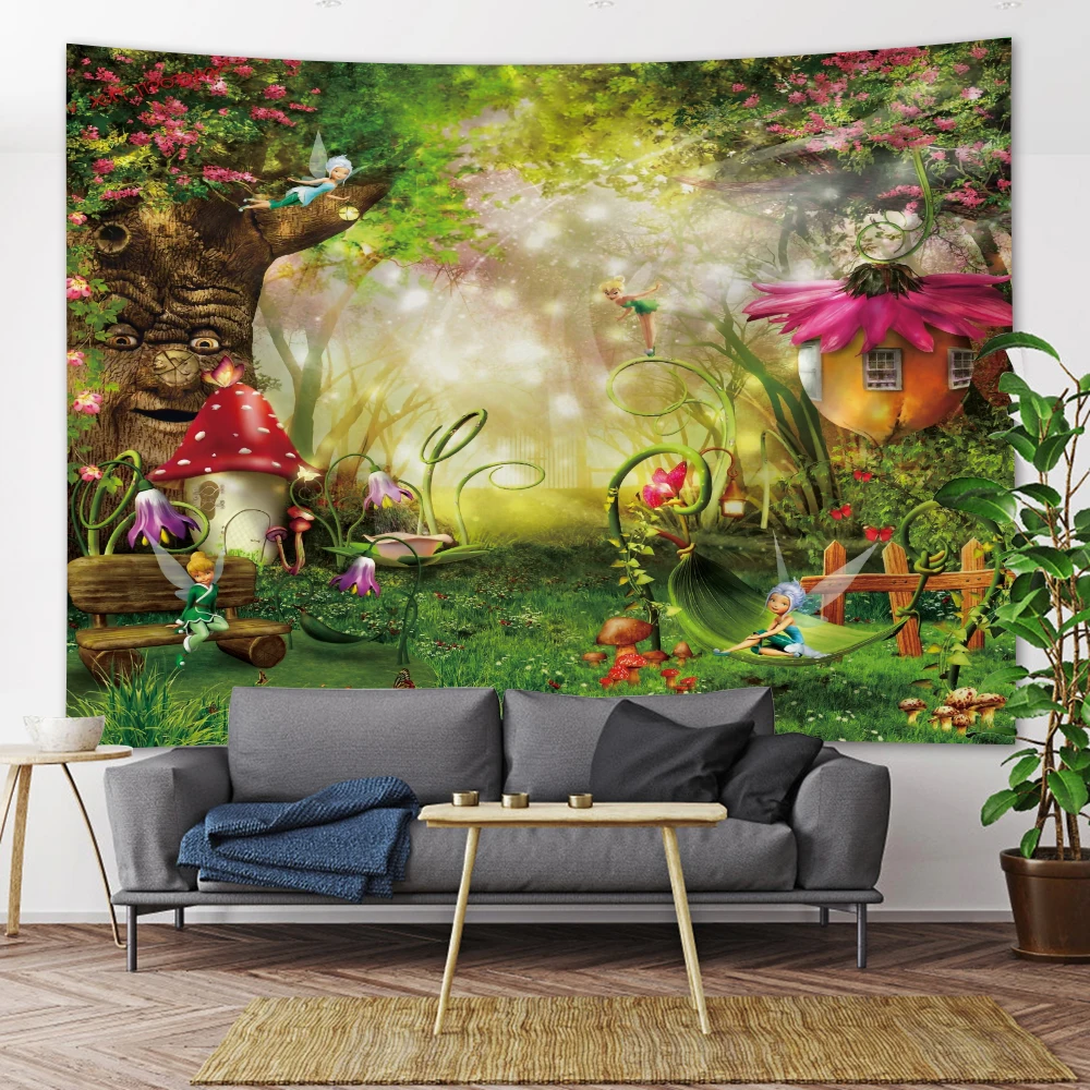 Enchanted Forest Mushroom Psychedelic Scene Home Decor Tapestry Hippie Boho Wall Hanging Room Decor Mandala Background Wall