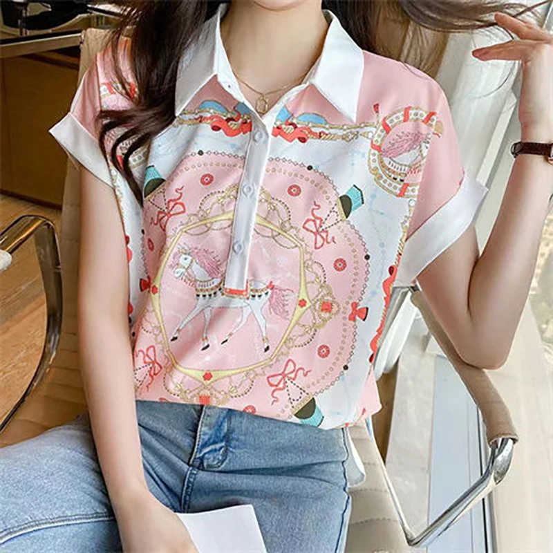 Fashion Lapel Printed Cartoon Chiffon Blouses Female Clothing 2024 Summer New Loose Sweet Short Sleeve Tops Office Lady Shirts