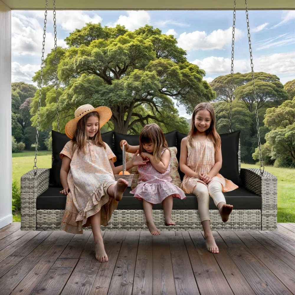 

3 Person Patio Swing Rattan Wicker Hanging Chair Outdoor Indoor w/ Soft Cushion