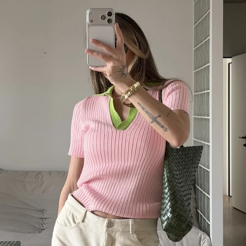 

Tsiisd Ribbed Knit Contrast Women's Polo Top Casual Preppy Commuting Fashion Premium Elegant Streetwear Blouse Female Chic Tee