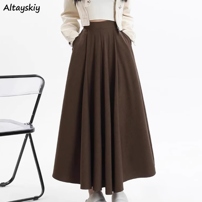 Umbrella Skirts Women Solid High Waist Gentle A-line Korean Style Elegant Maillard Fashion Casual Ankle Length Autumn New Loose