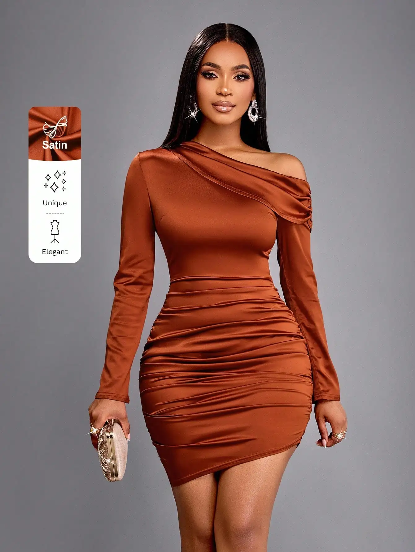 여성용 우아한 비대칭 넥라인 긴 소매 주름 미니 새틴 드레스 파티 필수템 가을 여성 의류