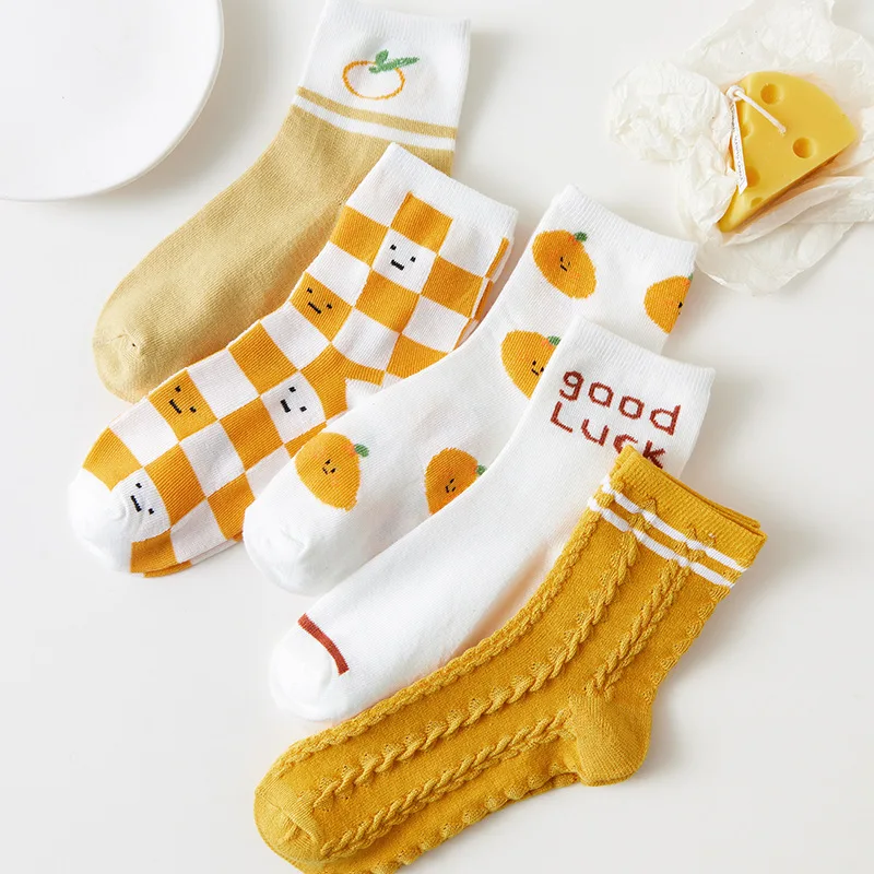 5 Pairs Women Fruit Print Socks Set Cute Casual Korean Fashion Kawaii Japanese Style Pumpkin Strawberry Banana Peach Avocado Sox