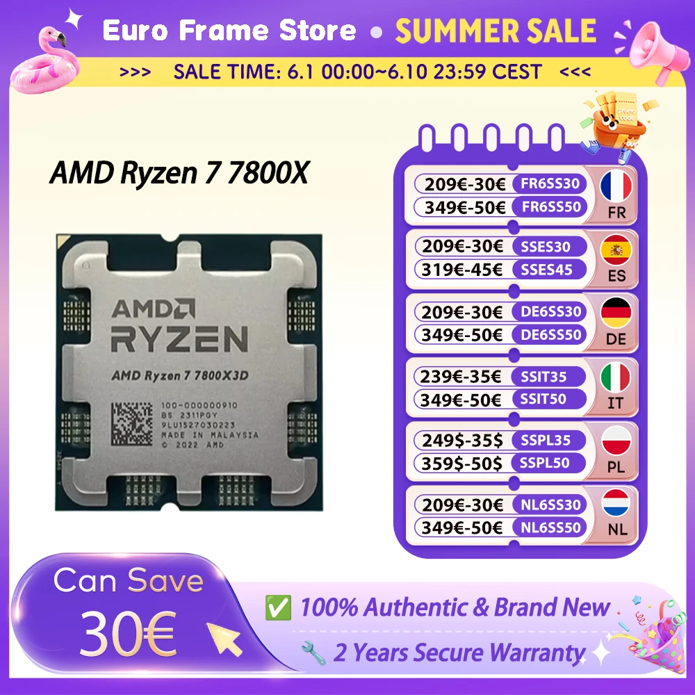 Processeur AMD Ryzen 7 7800X3D R7 7800X3D 5,0 GHz 8 cœurs 16 threads Processeur CPU 5 nm 96 Mo Socket AM5 Carte mère 7800X3D