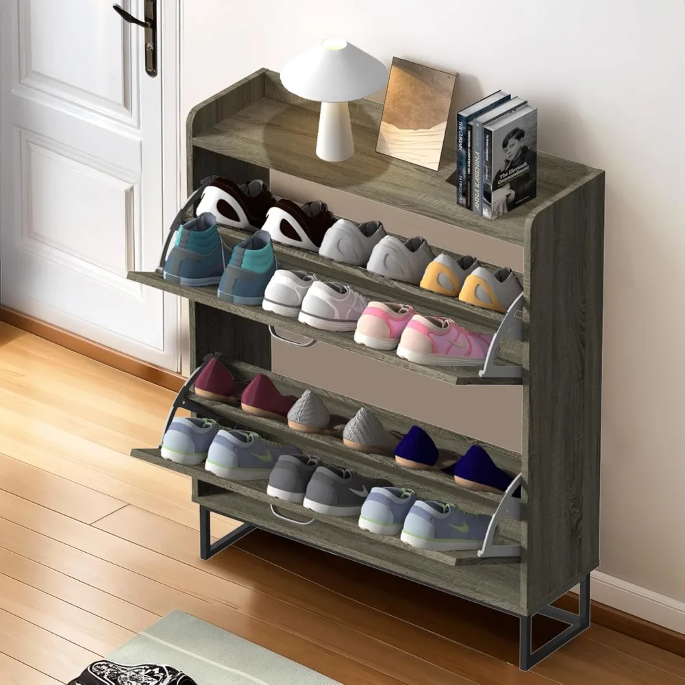 خزانة تخزين الأحذية على طراز المزرعة مع درجين، منظم أحذية ضيق للمدخل، رف مخفي بأرجل معدنية