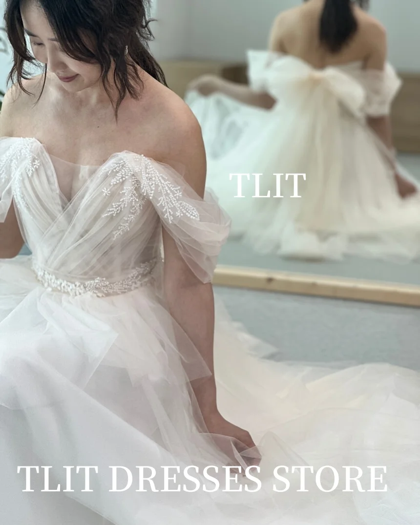 TLIT 우아한 흰색 실크 Tulle 웨딩 드레스 v 넥 댄스 파티 드레스 한국 신부 드레스 사진 촬영 맞춤형 오프 숄더 가운