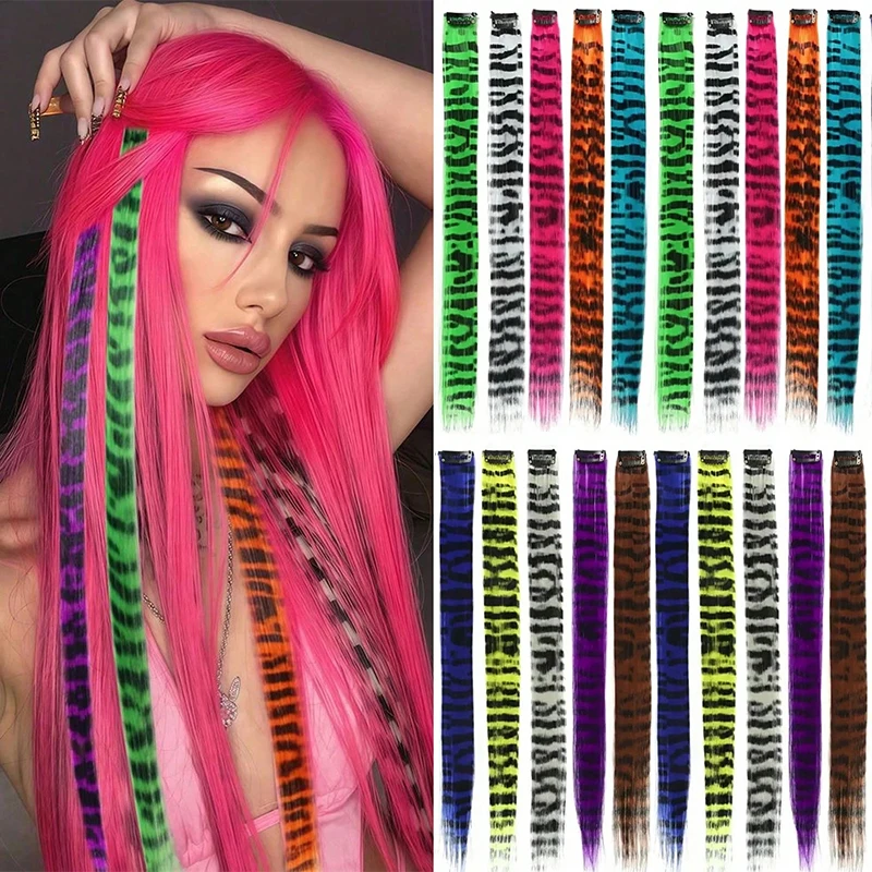 3 Piezas Extensiones de Cabello con Estampado de Leopardo Sintético con Rayas Coloridas Largas y Lacias con Clip para Mujeres Niñas Fiestas 5