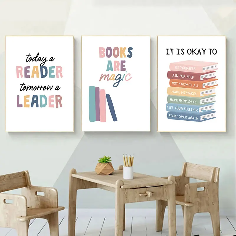 Modern Readers Today Leaders Tomorrow Quotes Canvas Poster Colorful  Books Pattern Picture for Home Kids Room Wall Decor