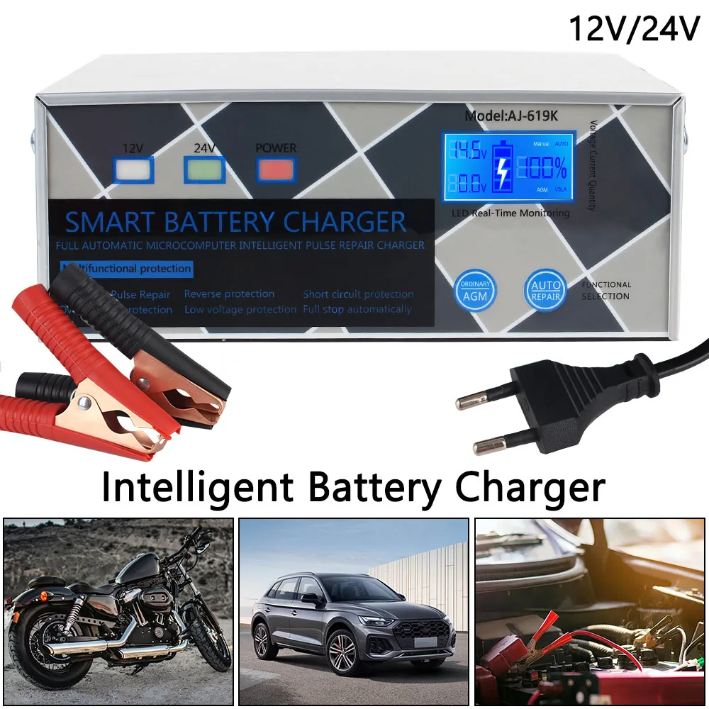 Intelligent LED Display 12V 24V 260W High Power Smart Car Battery Charger For Motorcycle SUV Truck Pulse Repair Battery Charging