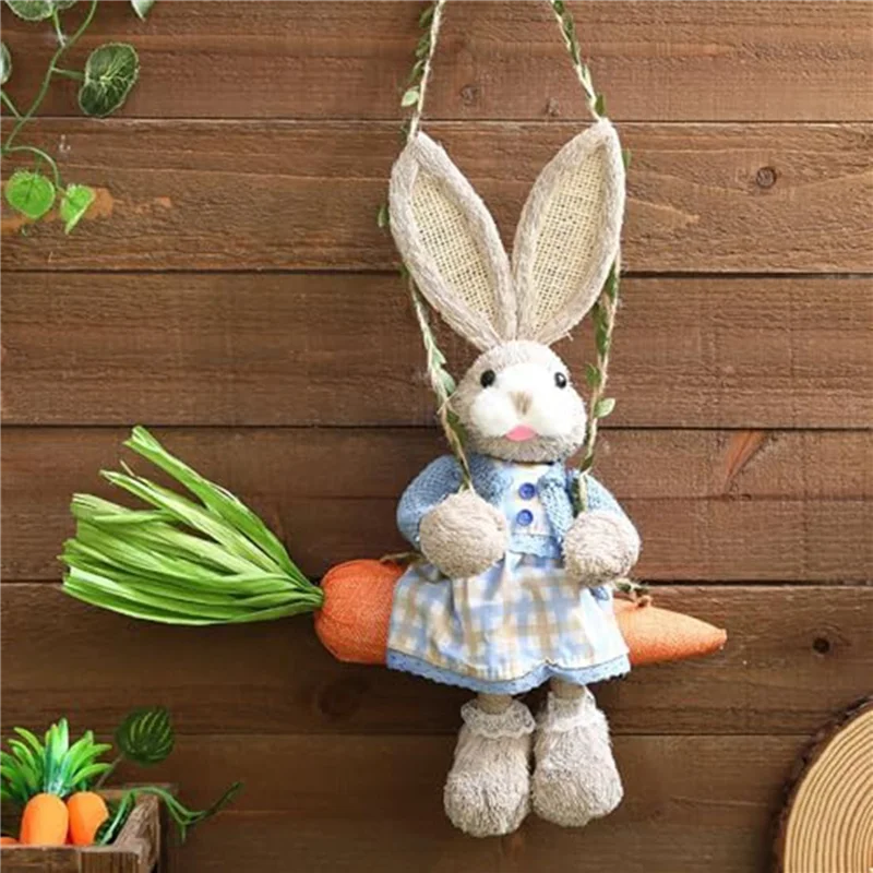 

A98E-2X Фигурка пасхального соломенного кролика, соломенная на качелях моркови, подвесное украшение в виде статуи кролика для пасхального праздника A