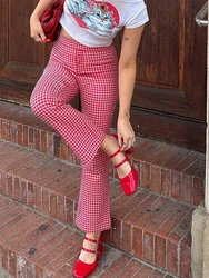 Womens Red Gingham Straight Leg Flare Pants High Waist Plaid Checkerboard Printed Y2k Vintage Trousers Summer Streetwear