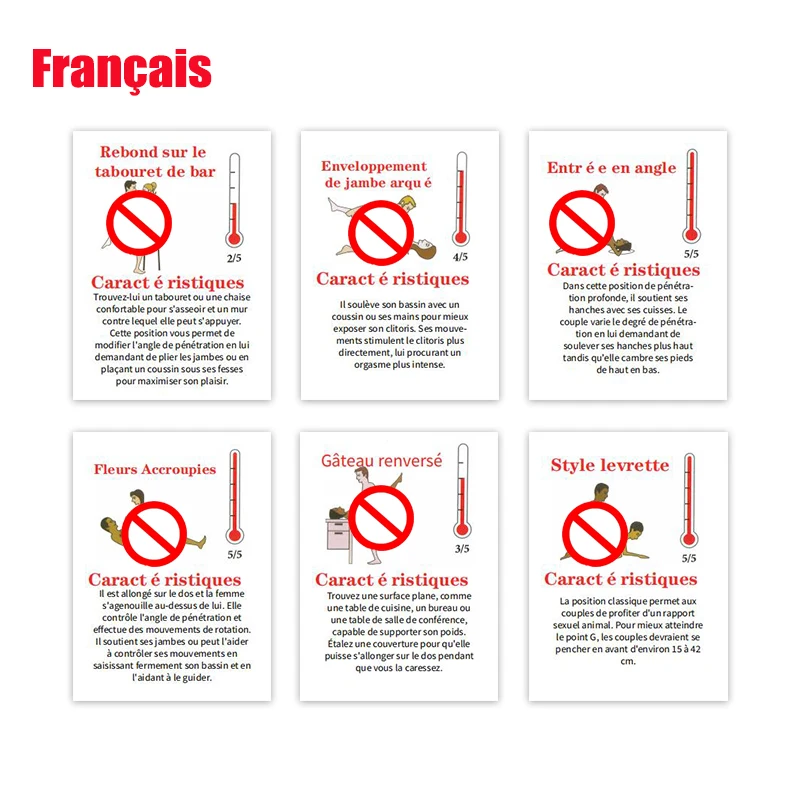 Cartões de posição sexual espanhola francesa, dramatização, jogos adultos, comandos de quarto, um ano de brinquedos sexuais para casais, 18 + eróticos
