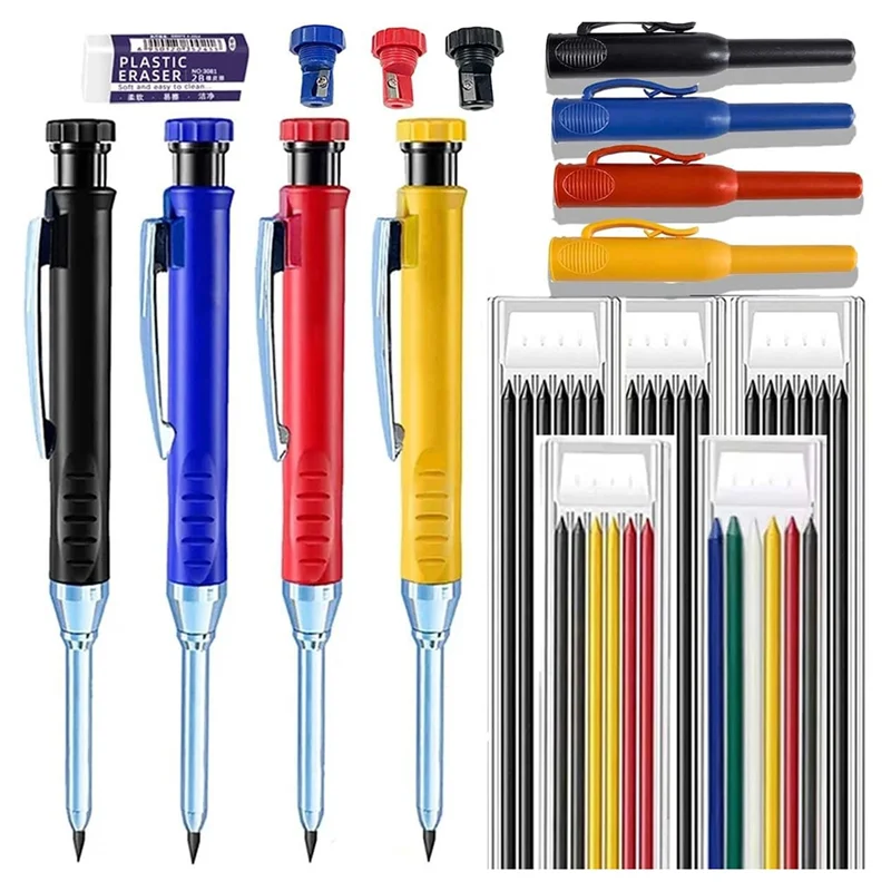 SEWS-4 Carpenter Pencils, 34 Pen Cores, Deep Hole Marking Structure, With Sharpener, Mechanical Carpenter Pencil, Architect