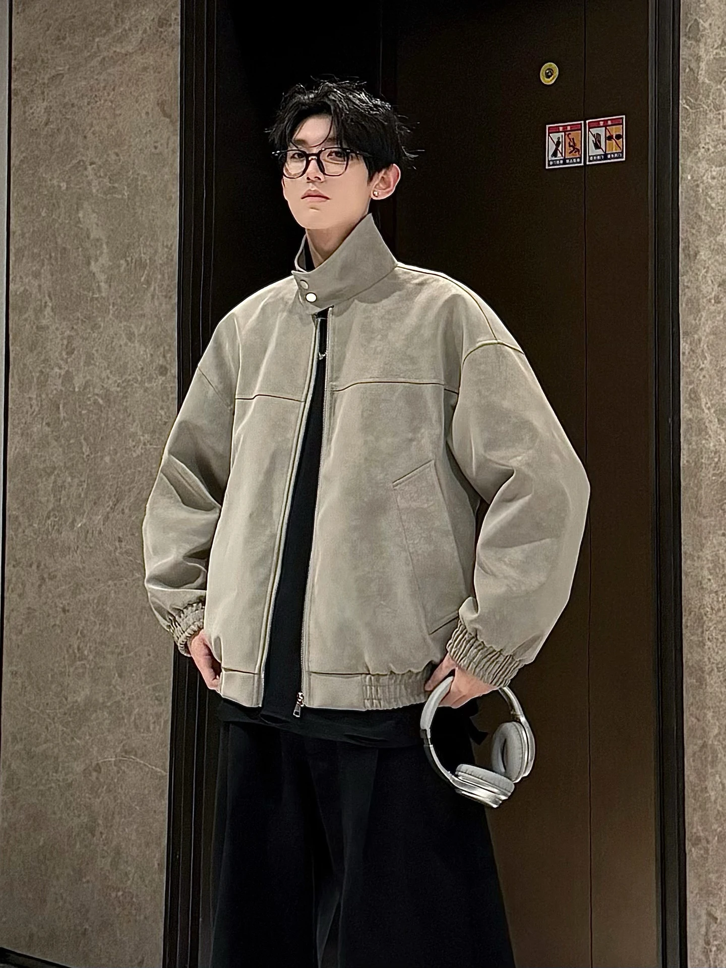 

Retro American Thiened Cotton Dyed PU Leather Jaet Men's Autumn Winter Faion Brand Casual Sle Stand Collar Jaet