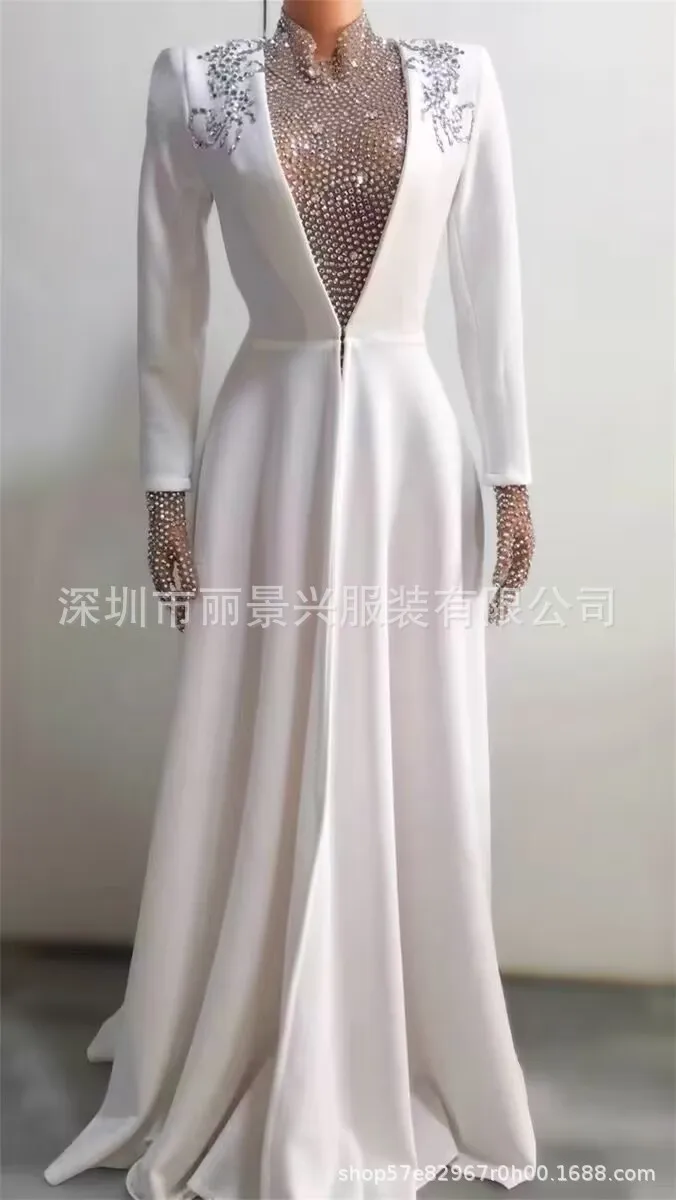 우아한 크리스탈 공주 웨딩 드레스 화이트 반짝이 웨딩 파티 투피스 긴 소매 Vestidos De Mujer Elegantes Para Fiesta