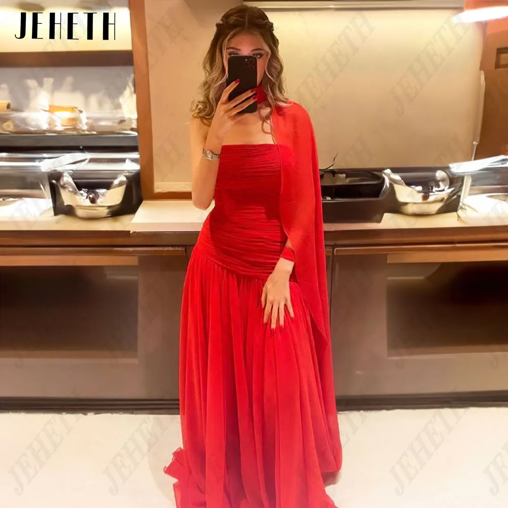 JEHETH Chiffon Strapless Evening Dress Sleeveless With Jacket Mermaid Prom Gowns Saudi Arabia Formal Occasion Party Dress