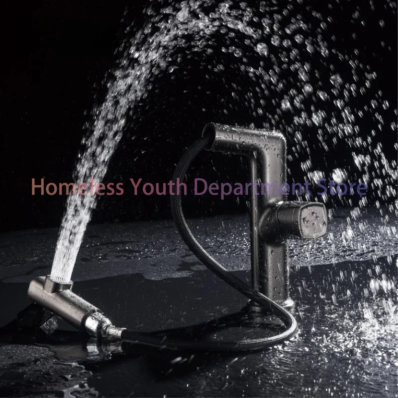 Modern gun gray bathroom faucet pull-out design single handle cold and hot dual control 2-function basin faucet