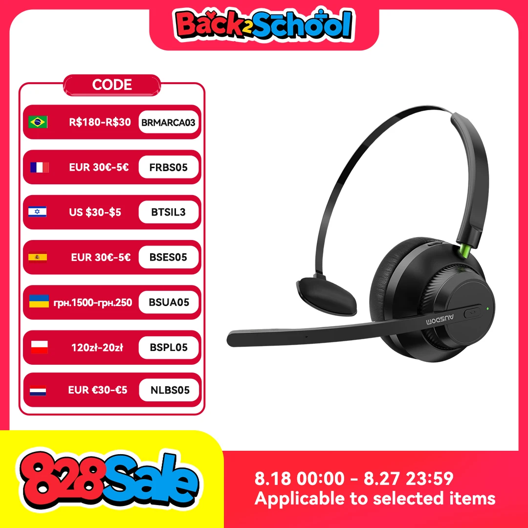 

AUSDOM A2301 V5.1 Wireless Office UC Headset Noise Reduction Mic 50hrs Talktime Telephone Driver Earphones For Call Center