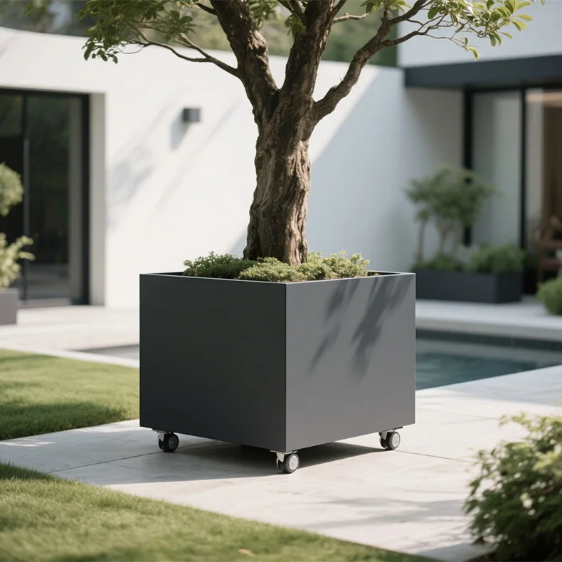 Outdoor movable flower box with wheels Balcony Stainless steel flower trough Shop outer pendulum fence courtyard wrought iron pl