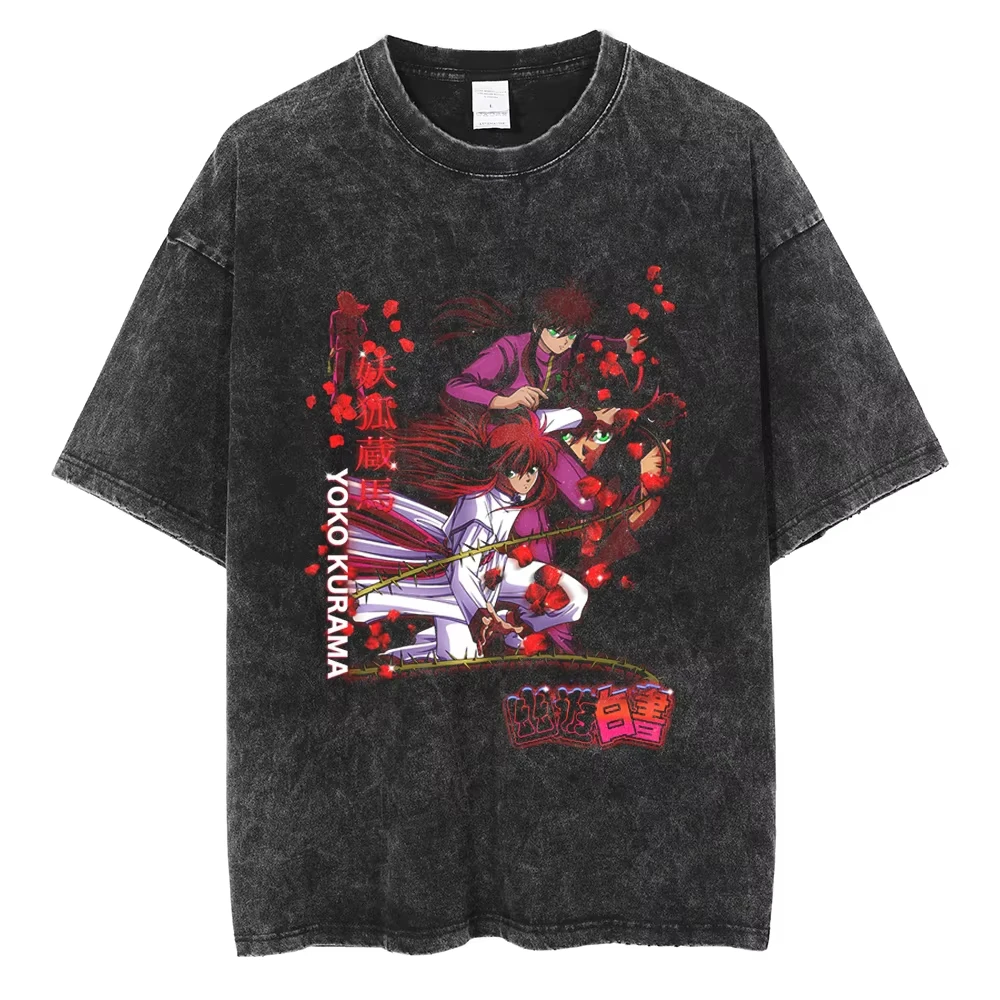 YuYu Hakusho Manga Graphic T Shirt Harajuku Hip Hop T-shirt Vintage Washed Streetwear Men Women Clothing Short Sleeve Summer Top