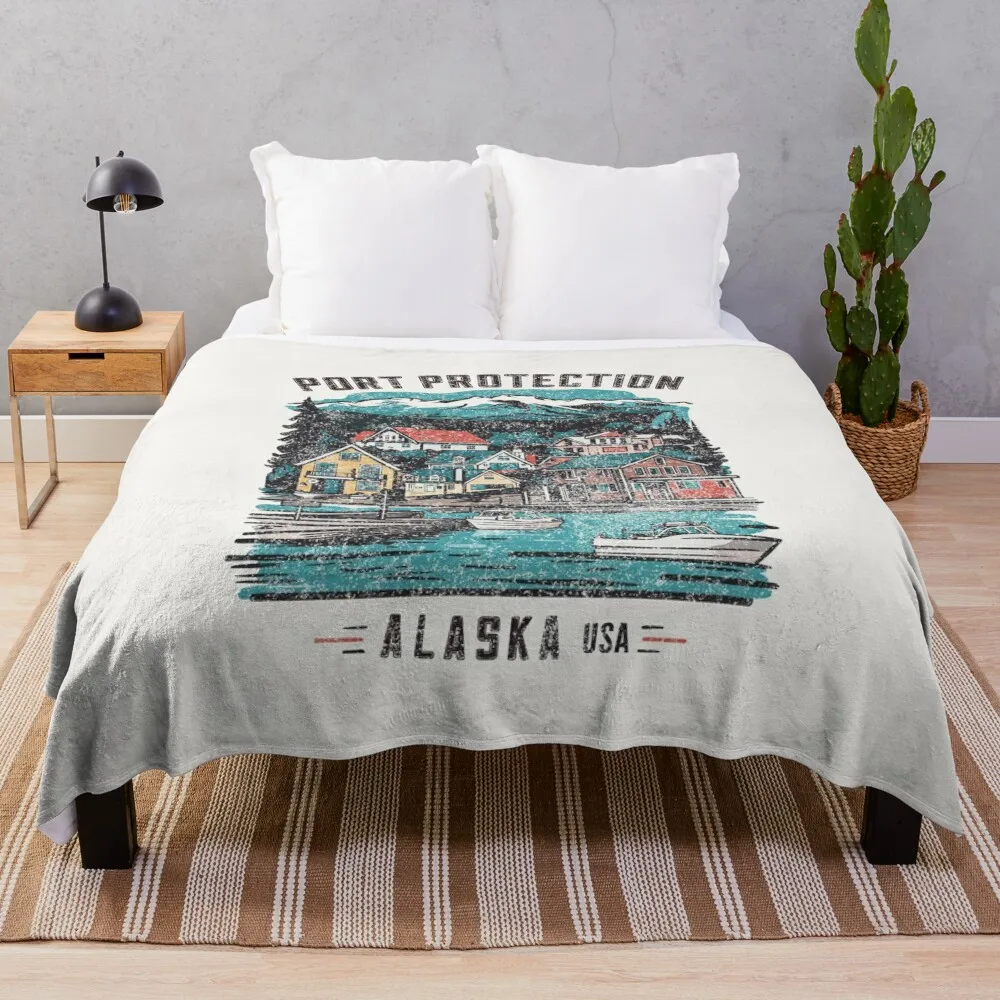 Vintage Port Protection, Alaska, AK design Throw Blanket Bed Retros Camping Blankets