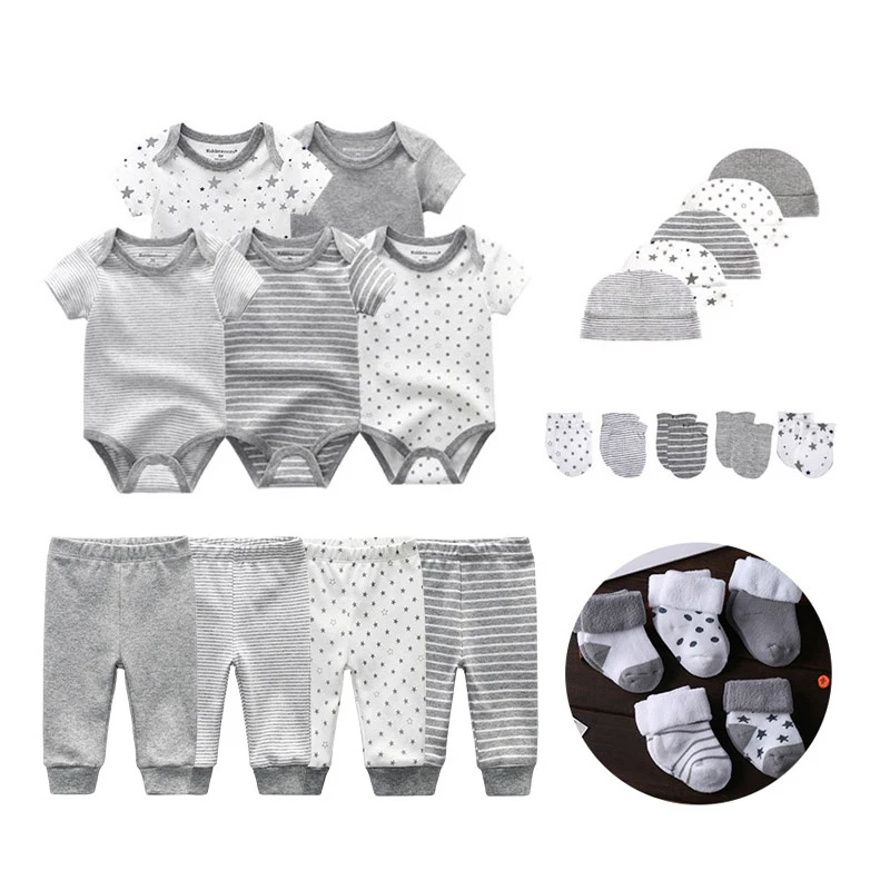 24-teiliges Set für Neugeborene, Strampler + Hosen + Fäustlinge + Hüte + Socken, 100 % Baumwolle, bedruckt, Unisex-Kleidungssets für Babys, Mädchen