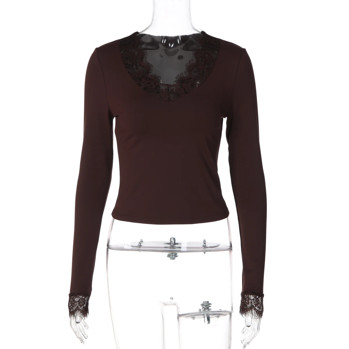Hugcitar Fashion V-Ausschnitt, einfarbig, langärmelig, mit Spitze, sexy Crop-T-Shirt, Top, passend für Herbst, Damenbekleidung, Party, Nachtclub, T-Shirts – Detail 2