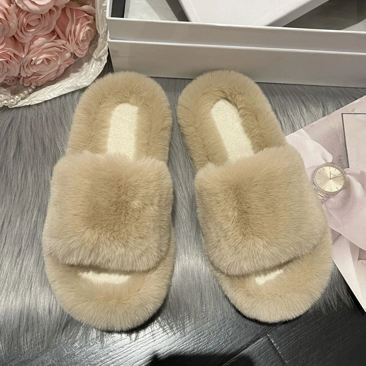 Winter Women House Furry Slippers Faux Fur Keep Warm Cotton Shoes For Home Women Flats Female Black Plush Indoor Slides