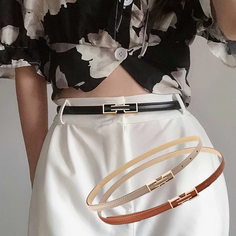 

Fashion PU Leather Thin Belt With Golden Metal Buckle For Ladies Trouser Dress Slim Waistband Adjustable Waist Belt All-match