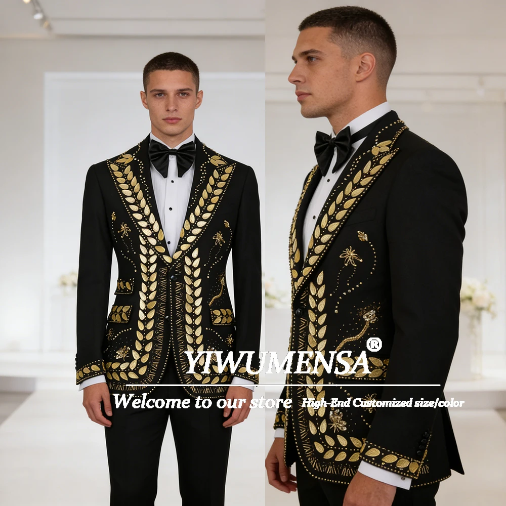 

Metallic Rhinestones Beaded Men's Suit Attire For Wedding Single Breasted Jacket Pants 2 Piece Set Groom Tuxedos Plus Size 2026