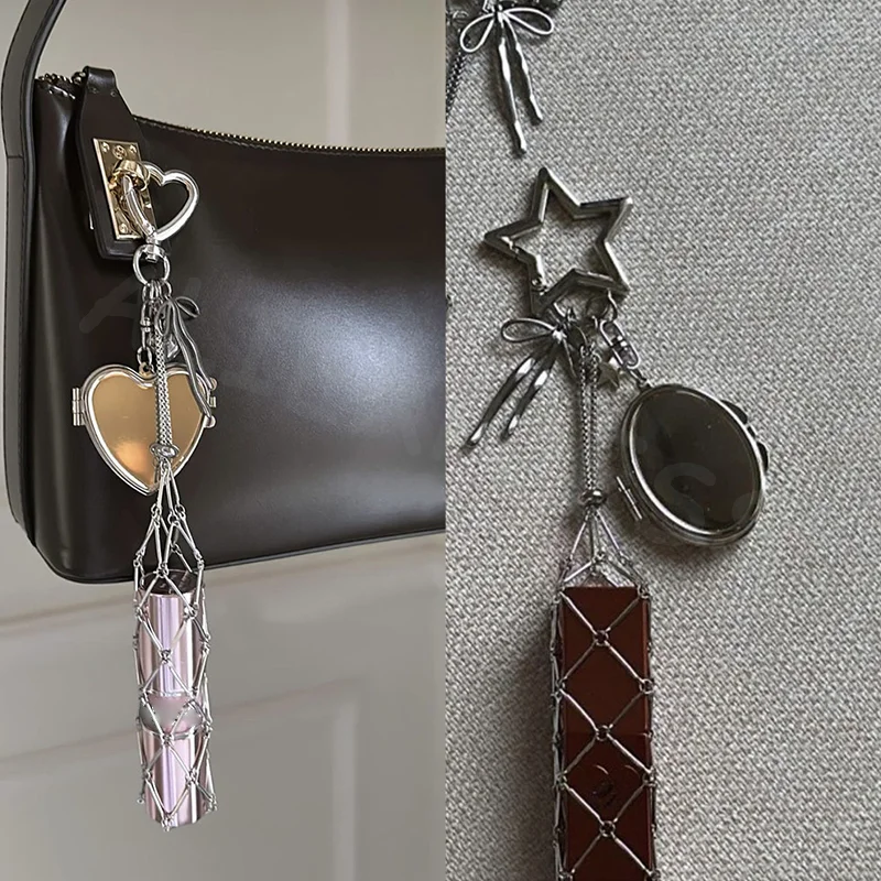 Portable Keyring Lipstick Bag, Lip Balm Holder with Mirror, Decorative Metal Net Pocket, Bag Keyring Charm