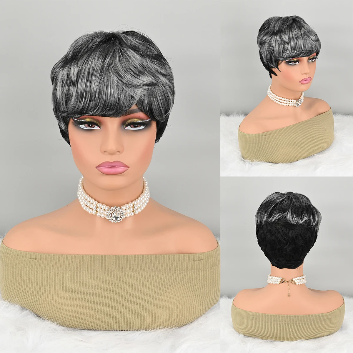 

Short Wigs for Black Women Natural Layered black wigs with Bangs for Women Black Synthetic Curly Pixie Wigs Short