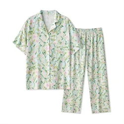 2022 New Satin Pyjamas Women Short Sleeve + Trousers Pajama Set Green Floral Print Sleepwear Viscose 2 Piece Home Service Suit