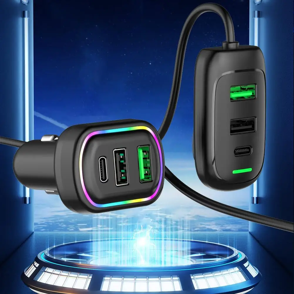 Autoladegerät mit 6 Multi-Anschlüssen, USB Typ C, 48 W RGB-Licht, PD-Schnellladeadapter, automatischer Zigarettenanzünder-Stecker für iPhone-Tablets