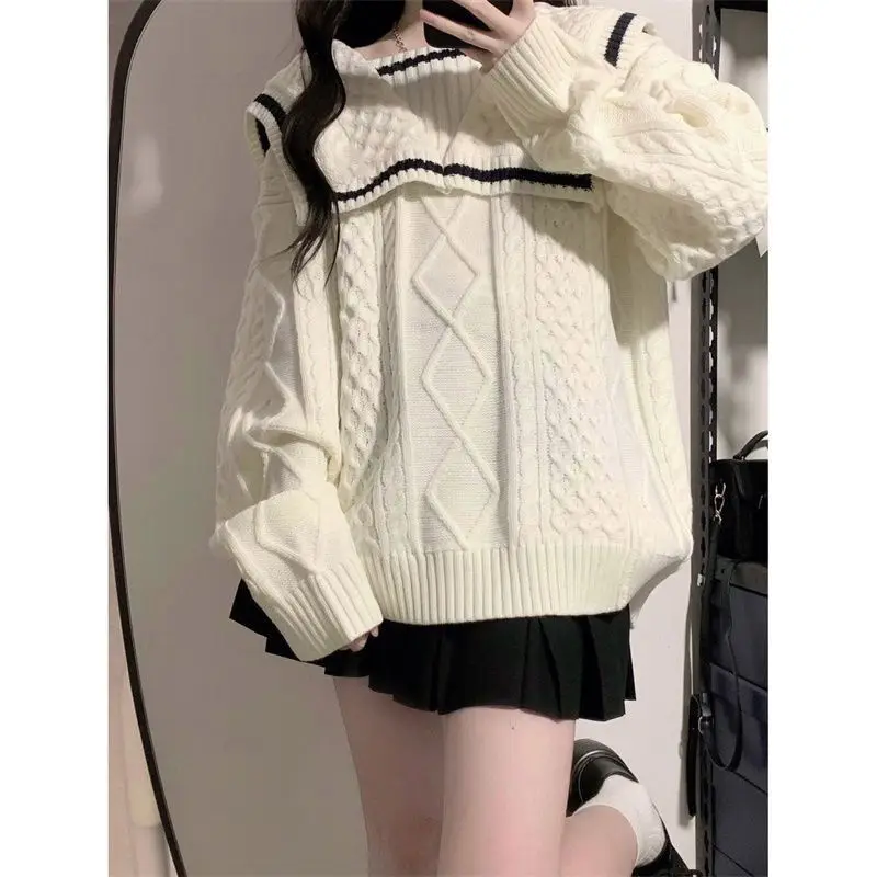 Deeptown Vintage Sailor Collar Women Sweater Preppy Basic Korean Fashion Autumn Knit Pullover Loose Jumper Japanese Aesthetic Jk