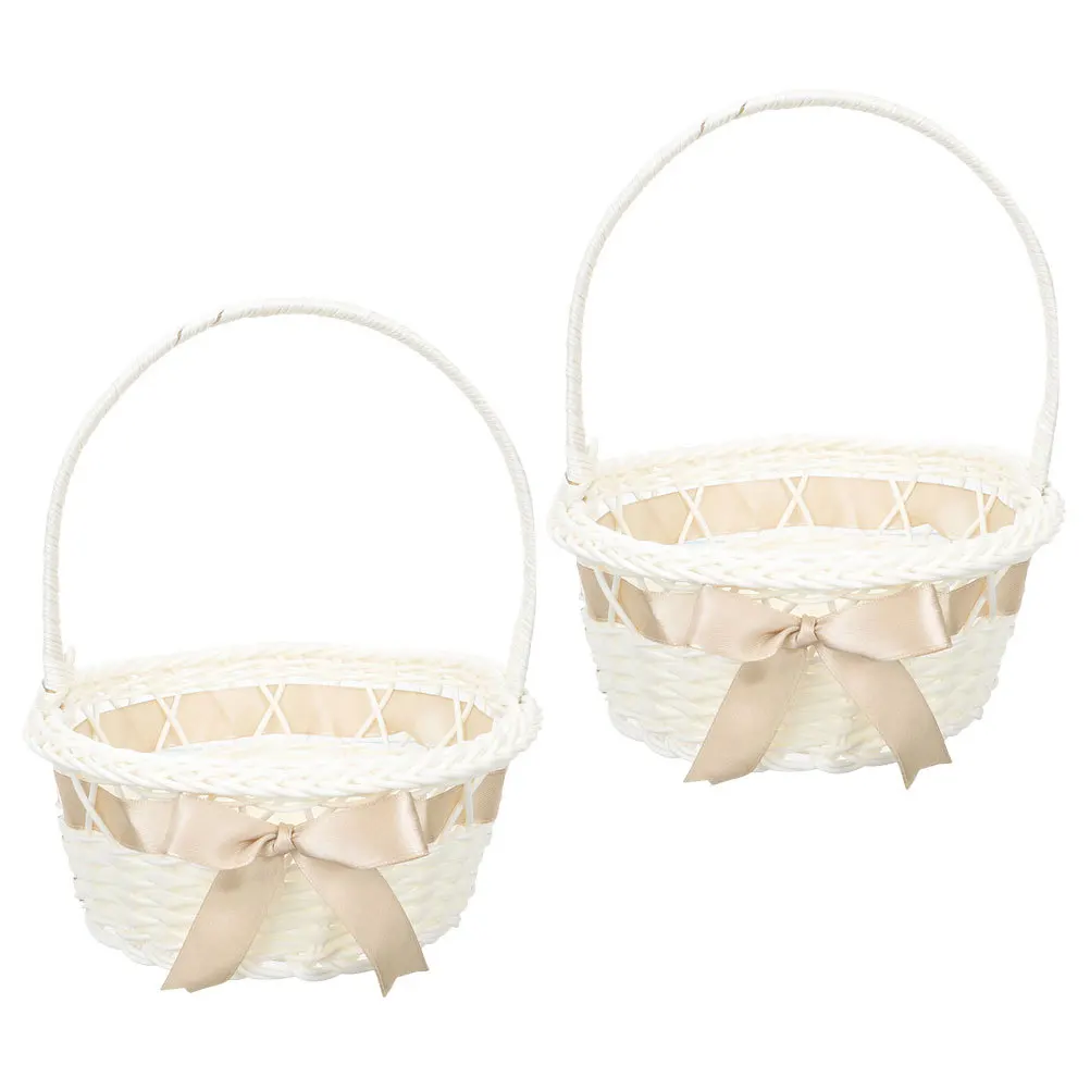 

2pcs Handmade Woven Flower Basket With Handle Wedding Party Decorative Storage Basket For Bridal Shower Easter Events Flower
