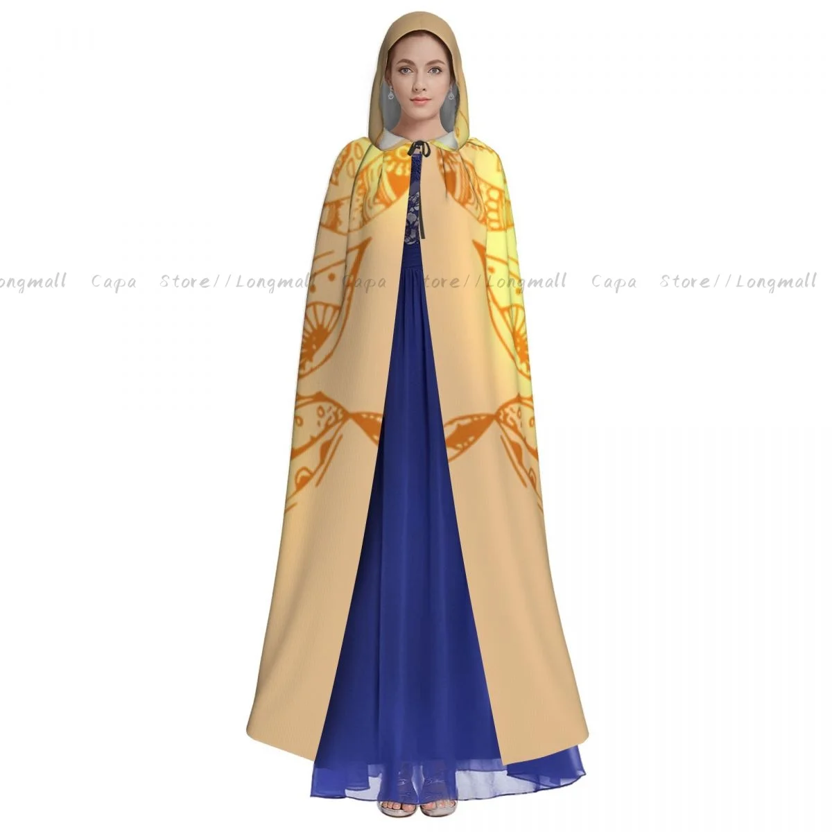 Adult Halloween Ganesha Print Cloak Cape Hooded Medieval Costume Full Length Dress Coat