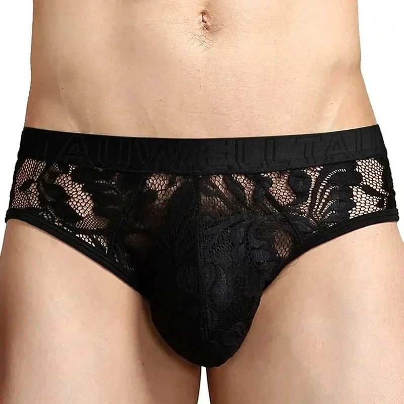 

Men's Erotic Bulge Brief Lace Sheer Sissy Crossdressing Underwear See Through Underpant Gays Sexy Low Waist U Convex Pouch Tanga