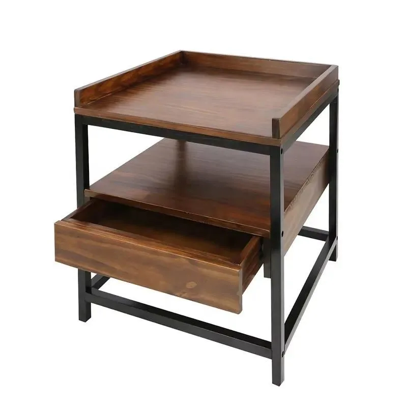 Modern Teak Root Side End Table with Metal Frame and Sliding Storage Drawers Console Tea Table Set