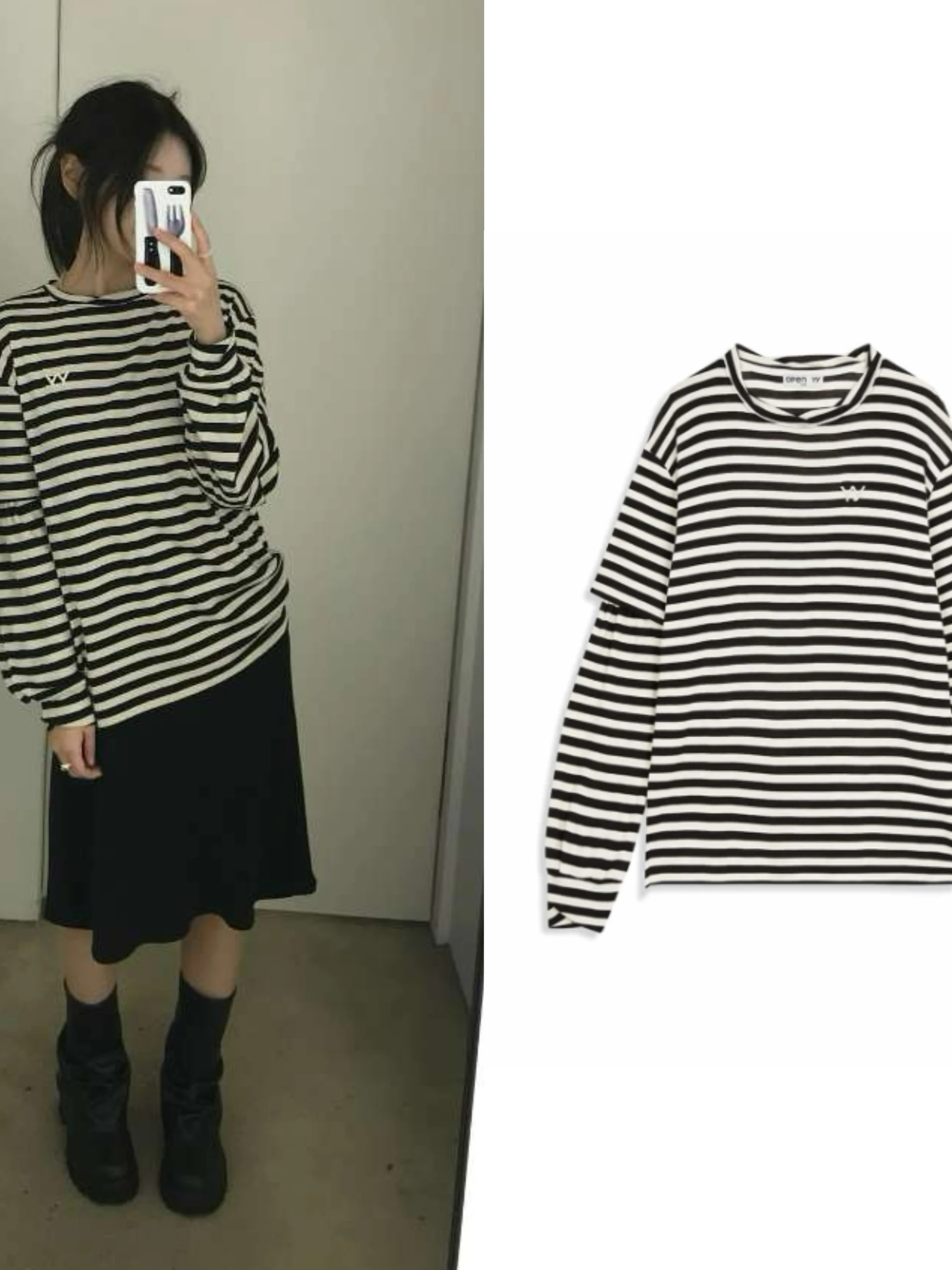 

Повседневная свободная футболка с круглым вырезом, вышивкой и буквенными нашивками, с длинными рукавами, для молодых женщин, осенний сезон, в полоску, свободного кроя