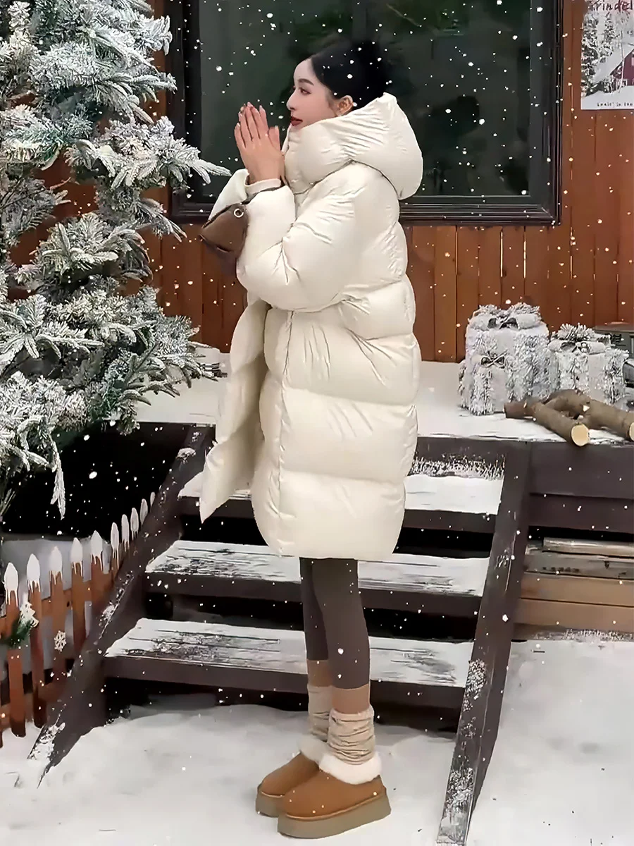 

Winter Thiened White Du down Jaet Women's Faion Hat Coat Medium Length Warm Outerwear Sweet Sle New Arrival 2025